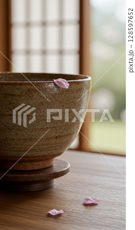 Japanese ceramic tea bowl with pink sakura petals on a wooden table in a serene setting Japanese ceramic tea bowl with pink sakura petals on a wooden table in a serene setting 128597652