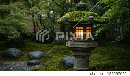 A traditional japanese stone lantern with moss glows warmly in a serene green zen garden at dusk A traditional japanese stone lantern with moss glows warmly in a serene green zen garden at dusk 128597653