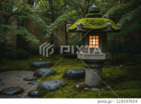 Glowing stone lantern covered with green moss stands in a beautiful and serene japanese garden Glowing stone lantern covered with green moss stands in a beautiful and serene japanese garden 128597654