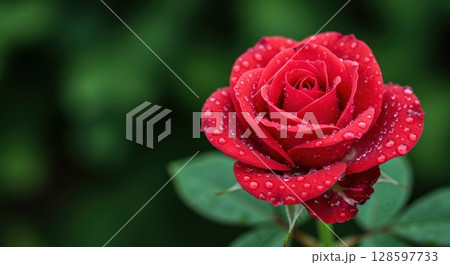 Close up of a beautiful fresh red rose flower with rain water drops on its delicate petals 128597733