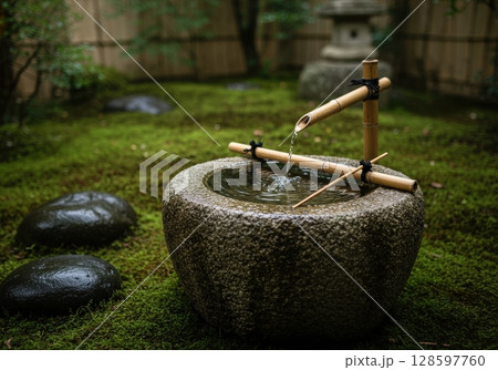 Traditional japanese tsukubai water basin for purification in a tranquil zen moss garden 128597760