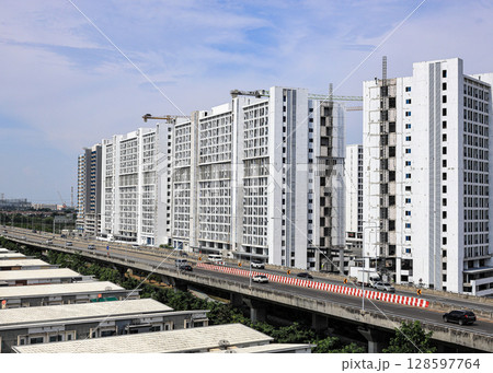 modern residential architecture, New modern block of flat or Condominium with blue sky. 128597764