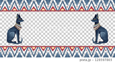 Banner with Bastet and Egyptian ancient ornament. Geometric patterns, watercolor illustration isolated from background. Culture concept for souvenirs products, postcards, packaging, stationery Banner with Bastet and Egyptian ancient ornament. Geometric patterns, watercolor illustration isolated from background. Culture concept for souvenirs products, postcards, packaging, stationery 128597803