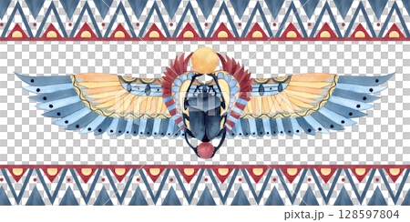 Banner Egyptian ancient ornament with Scarab beetle with wings. Geometric patterns, watercolor illustration isolated from background. African culture concept for souvenirs, postcards, packaging Banner Egyptian ancient ornament with Scarab beetle with wings. Geometric patterns, watercolor illustration isolated from background. African culture concept for souvenirs, postcards, packaging 128597804