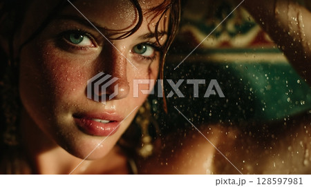 Close-up portrait of a young woman with water droplets on her wet skin and hair. 128597981