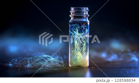 Luminous blue and green fibers contained in a clear glass bottle. 128598034