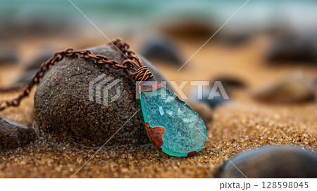 Beautiful piece of ocean-worn glass jewelry, copper chain, beach setting. 128598045
