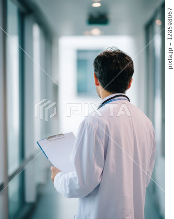 A doctor in a white coat holds a clipboard while standing in a bright hospital corridor, symbolizing healthcare, trust, and professional care 128598067