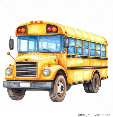 Yellow School Bus Watercolor Illustration 128598262