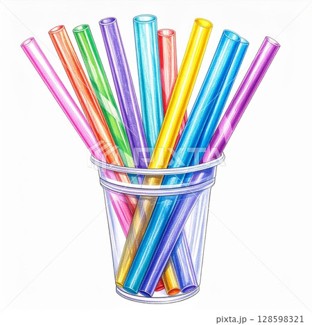 Colorful Plastic Straws in a Clear Cup 128598321