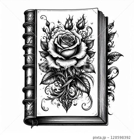 Black And White Rose Illustration On Vintage Book Cover 128598392