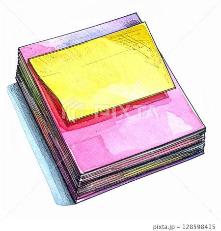 Colorful Stack of Paper with Yellow Sticky Note 128598415