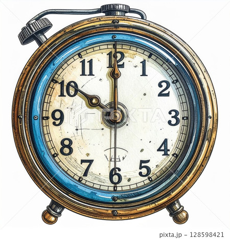 Vintage Alarm Clock Illustration with Golden and Blue Details 128598421