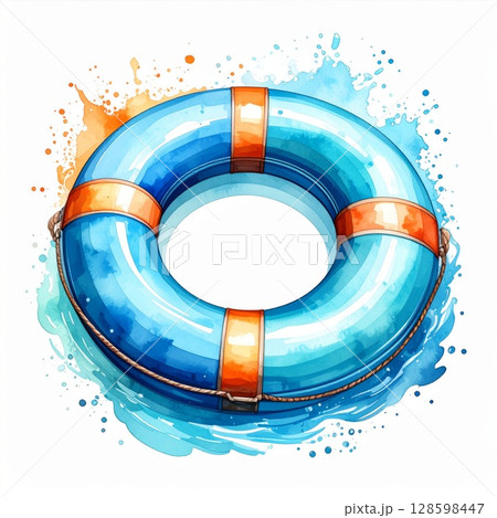 Blue Life Preserver with Orange Stripes Watercolor Illustration 128598447
