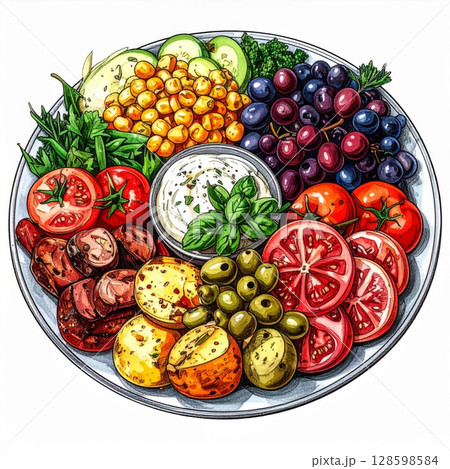Colorful Mediterranean Food Platter with Dip Colorful Mediterranean Food Platter with Dip 128598584