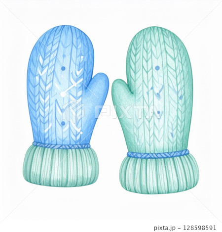 Pair of Knitted Winter Mittens in Blue and Green Watercolor Pair of Knitted Winter Mittens in Blue and Green Watercolor 128598591