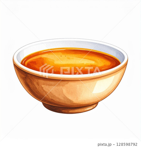 Amber Sauce in Tan Bowl Watercolor Illustration 128598792