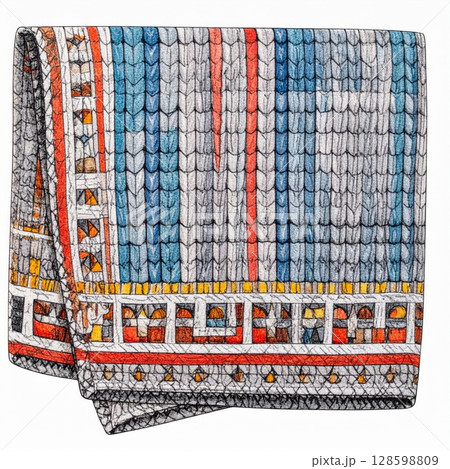 Geometric Mosaic Pattern Blanket in Blue Grey Red and Orange 128598809