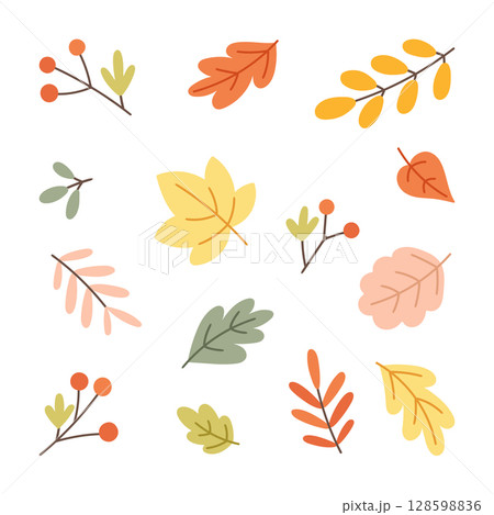 Collection of hand drawn vector autumn leaves and berry elements in flat style. Collection of hand drawn vector autumn leaves and berry elements in flat style. 128598836