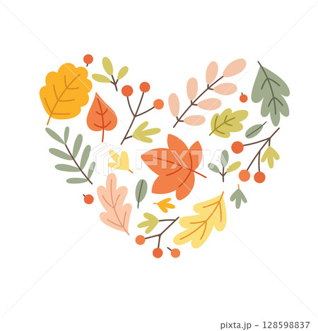 Autumn heart made of colorful leaves and branches vector illustration for fall Autumn heart made of colorful leaves and branches vector illustration for fall 128598837