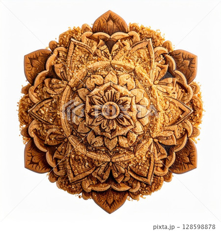 Intricate Brown and Gold Floral Mandala Design 128598878