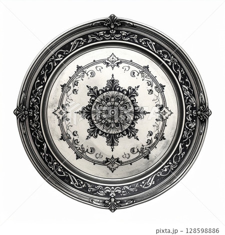 Ornate Silver Metal Plate with Intricate Design 128598886