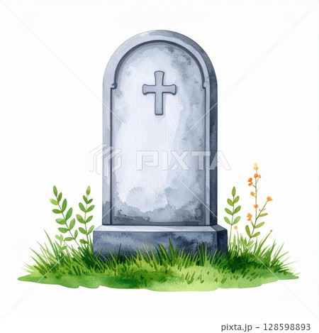 Grey Gravestone with Cross in Green Grass Grey Gravestone with Cross in Green Grass 128598893