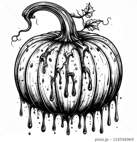 Melting Pumpkin Halloween Illustration Black Ink Drawing 128598969