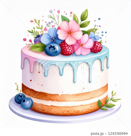 Watercolor Pastel Cake with Berries and Flowers 128598994