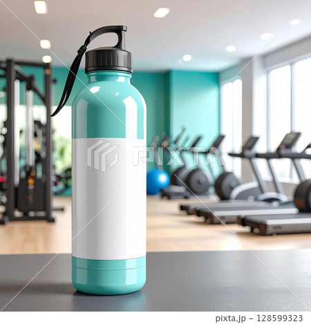 Teal Metal Water Bottle in Modern Gym Setting 128599323