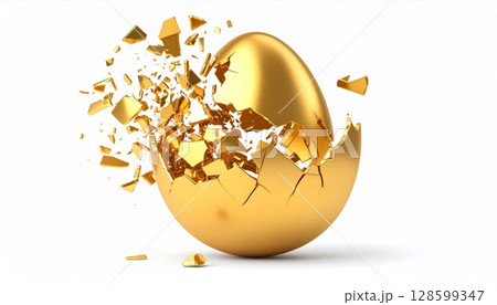Shattered Golden Egg on White Background 128599347