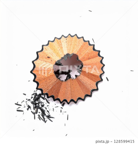 Close Up of Sharpened Pencil Shavings on White 128599415
