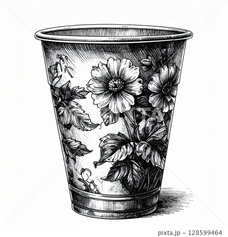 Monochrome Floral Cup Illustration 128599464