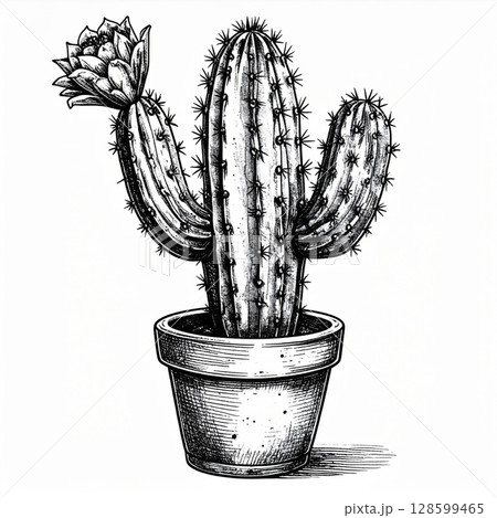 Black And White Cactus Potted Plant Illustration 128599465