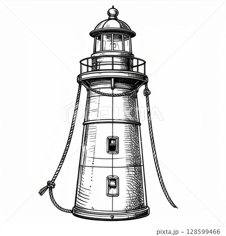 Black And White Lighthouse Drawing Illustration 128599466