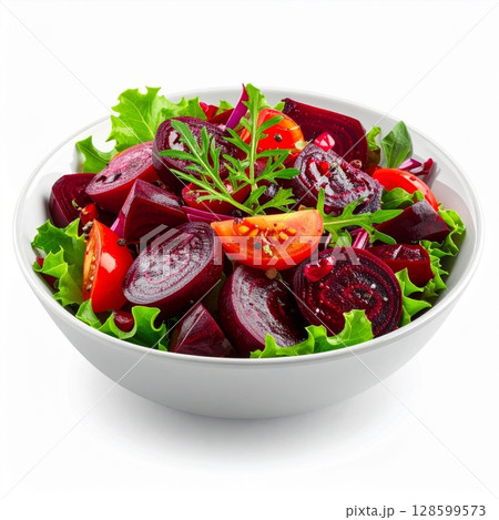 Vibrant Beetroot Salad with Tomatoes and Lettuce in White Bowl 128599573