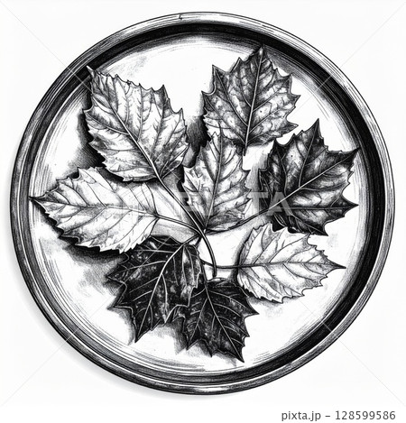 Black And White Still Life Photography Of Leaves In A Round Tray 128599586