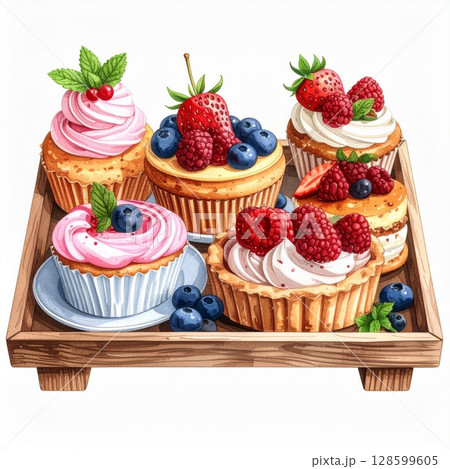 Assortment of Berry Cupcakes and Tarts on Wooden Tray 128599605