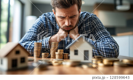 Stressed Man Facing Foreclosure. Financial Struggle, Property Loss, and Debt Concept. 128599643