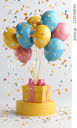 Festive Birthday Celebration Colorful Balloons, Confetti, and Gift Box on Yellow Podium 128599649