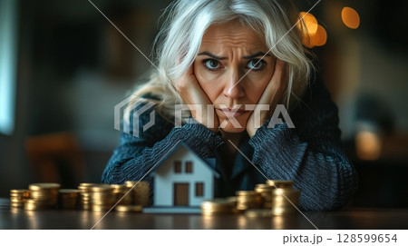 Worried Senior Woman Looking at Model House and Stack of Coins on Table, Financial Struggles Concept 128599654