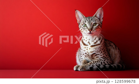 Striking Black and White Spotted Domestic Cat with Green Eyes Gazing, Isolated on Red Background Striking Black and White Spotted Domestic Cat with Green Eyes Gazing, Isolated on Red Background 128599678
