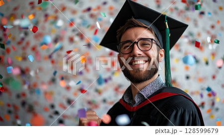 Celebrating Graduation Day Happy Graduate Tossing Cap with Confetti, Achievement, and Success 128599679