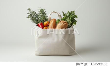 Fresh and Healthy Groceries in Reusable Shopping Bag on White Background, Sustainable Living Concept 128599688