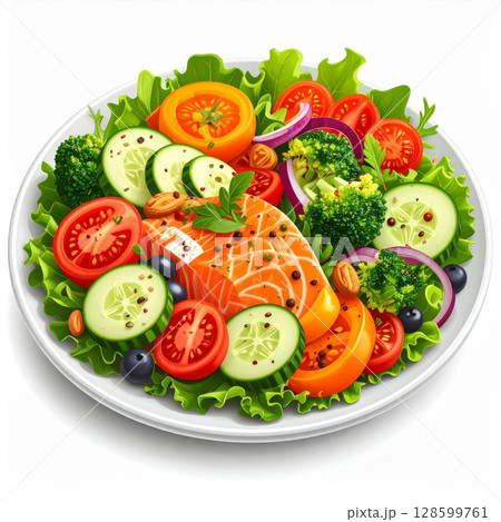 Salmon Salad with Colorful Vegetables on White Plate 128599761