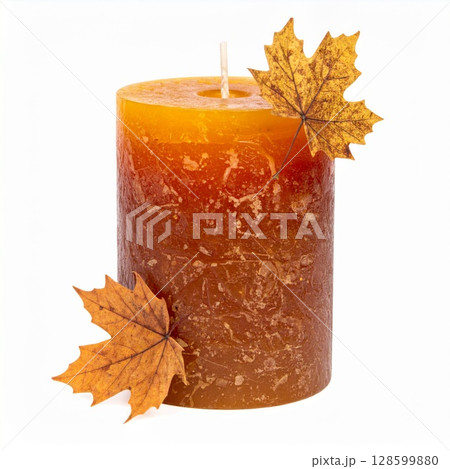 Autumnal Yellow And Brown Candle With Maple Leaves 128599880