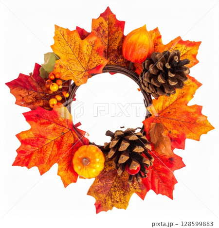 Autumnal Wreath with Maple Leaves Pumpkins and Pine Cones 128599883