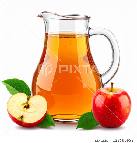 Glass Pitcher of Apple Juice with Red Apples 128599958