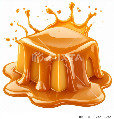 Golden Caramel Cube with Melted Drips and Splash Golden Caramel Cube with Melted Drips and Splash 128599962