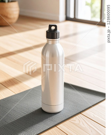 Silver Water Bottle on Gray Yoga Mat in Sunny Room Silver Water Bottle on Gray Yoga Mat in Sunny Room 128600095